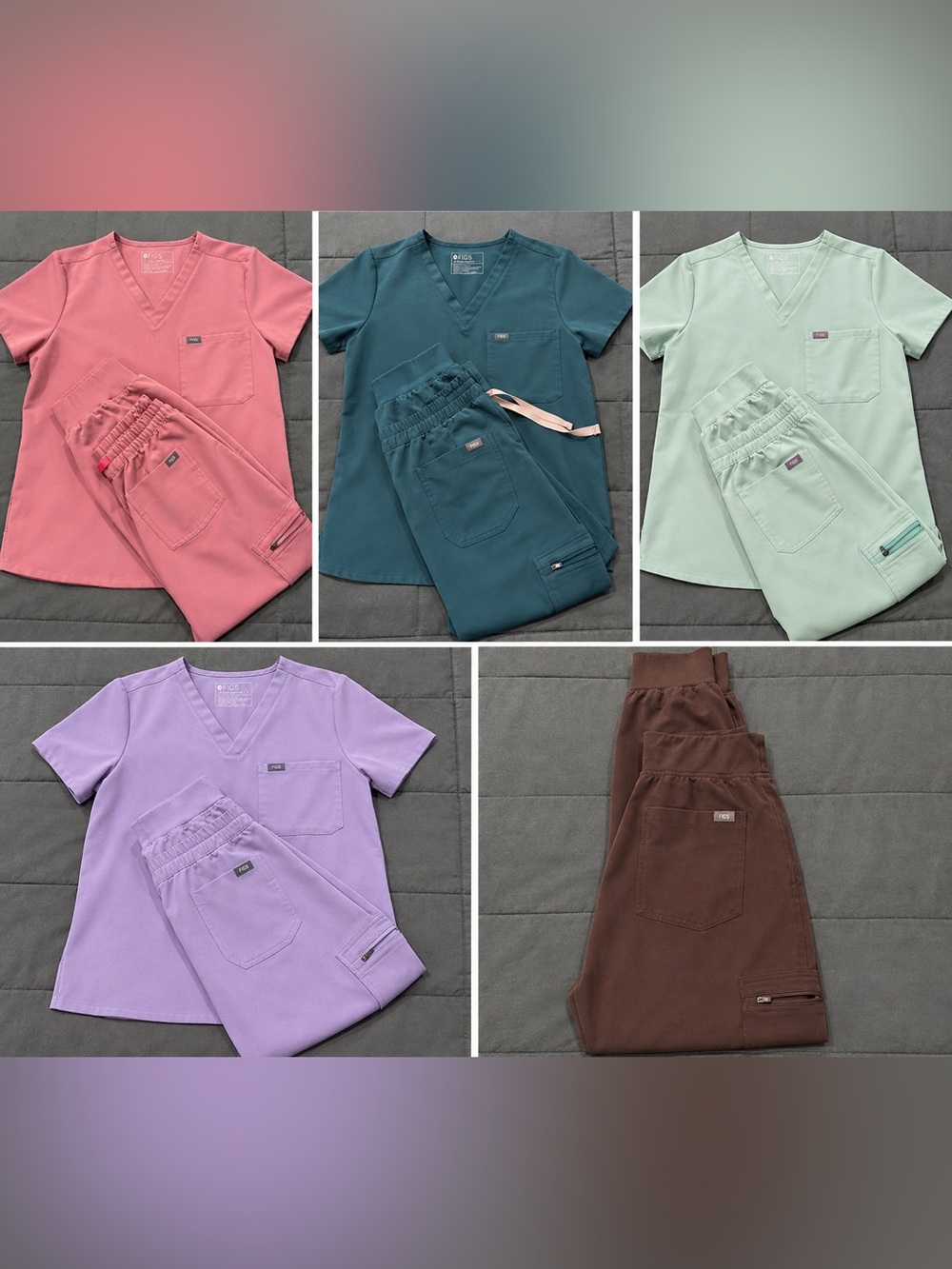 4 sets of scrubs plus one pair of pants
